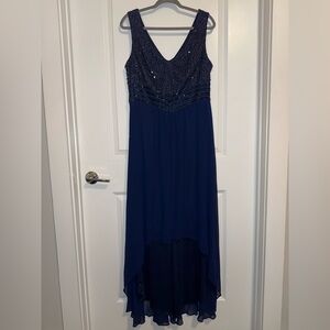 Navy Blue Sheer Draped Prom Dress